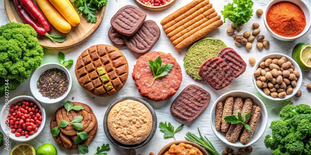Variety of delicious plant-based meat alternatives , plant-based, food, meatless, vegetarian, vegan, protein Variety of delicious plant-based meat alternatives , plant-based, food, meatless, vegetarian, vegan, protein