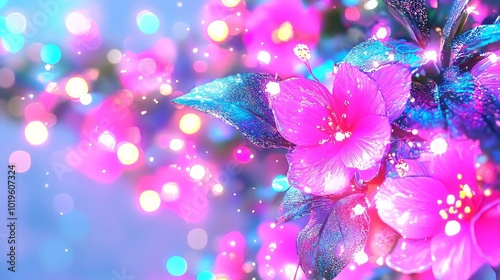 vibrant abstract pink flower with shimmering petals and dreamy bokeh background creates magical atmosphere. colorful lights enhance enchanting beauty of nature