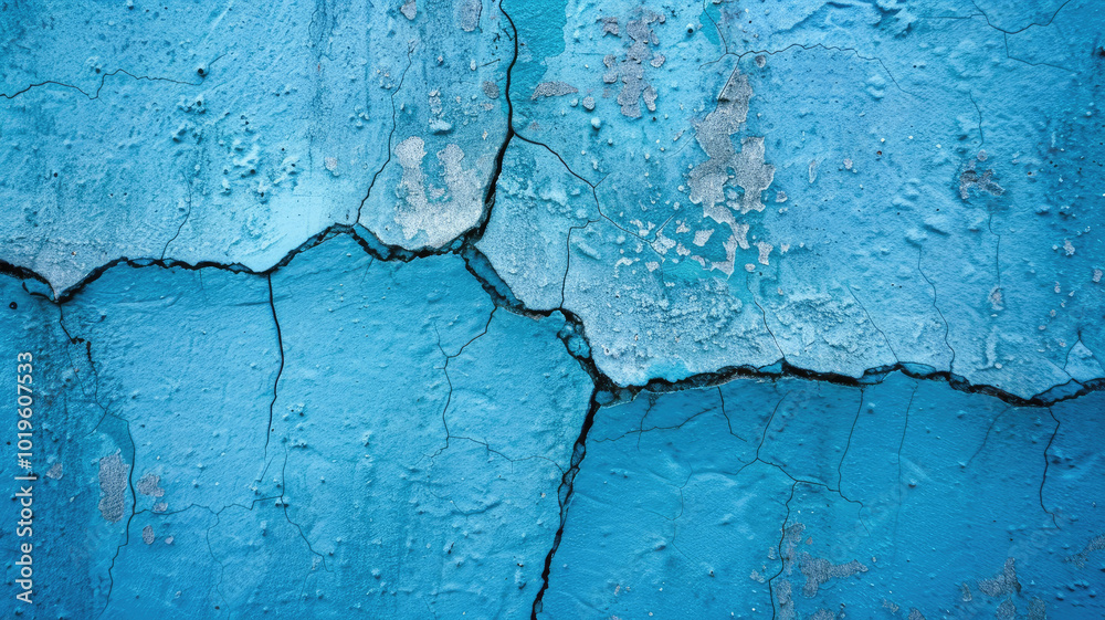 Obraz premium Close-up of peeling blue paint with cracks and exposed surface