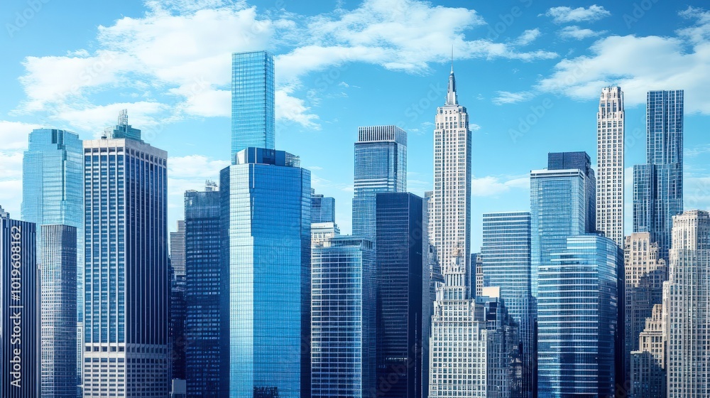 A panoramic view of a modern city skyline with tall skyscrapers reaching towards a bright blue sky with white clouds. A panoramic view of a modern city skyline with tall skyscrapers reaching towards a bright blue sky with white clouds.