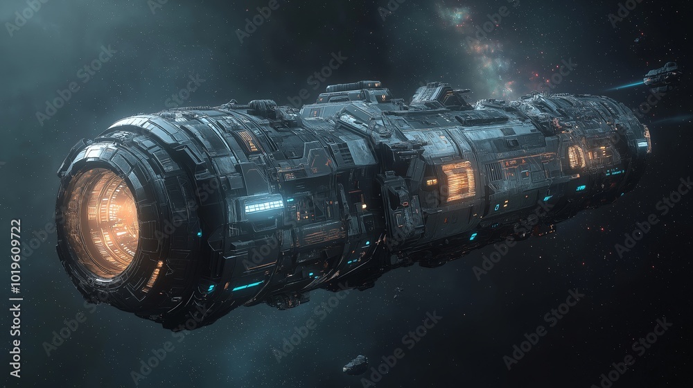 spaceship flying in outer space above the earth spaceship flying in outer space above the earth