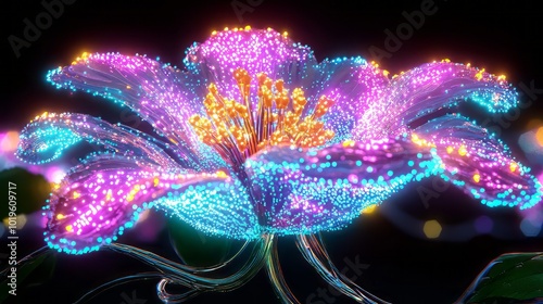 vibrant, glowing abstract flower radiates neon colors, showcasing intricate details and luminous petals. This stunning visual captures essence of beauty and creativity photo