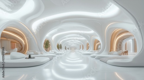 Futuristic building interior with alcoves in both sides of a wide hallway photo