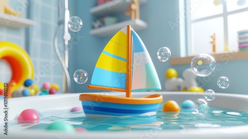 A colorful toy sailboat floats in a bathtub surrounded by bubbles and vibrant bath toys, creating a playful and cheerful atmosphere.