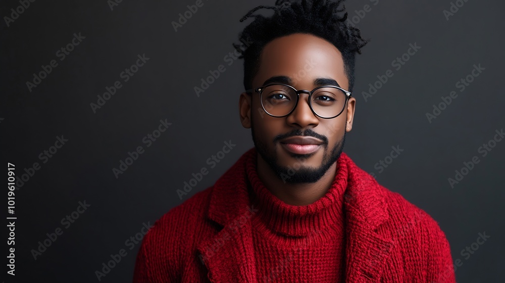 Smiling and fashionable young african american man in eyeglasses red sweater and jeans posing in coat isolated on grey : Generative AI