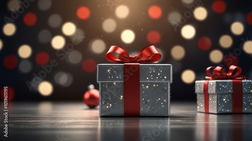 Christmas background with gifts, balls, tree and lights