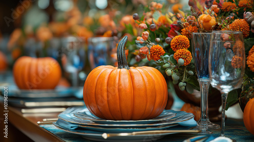 Thanksgiving Family Dinner Inspiration with Orange Pumpkins for a Beautiful Autumn Setting