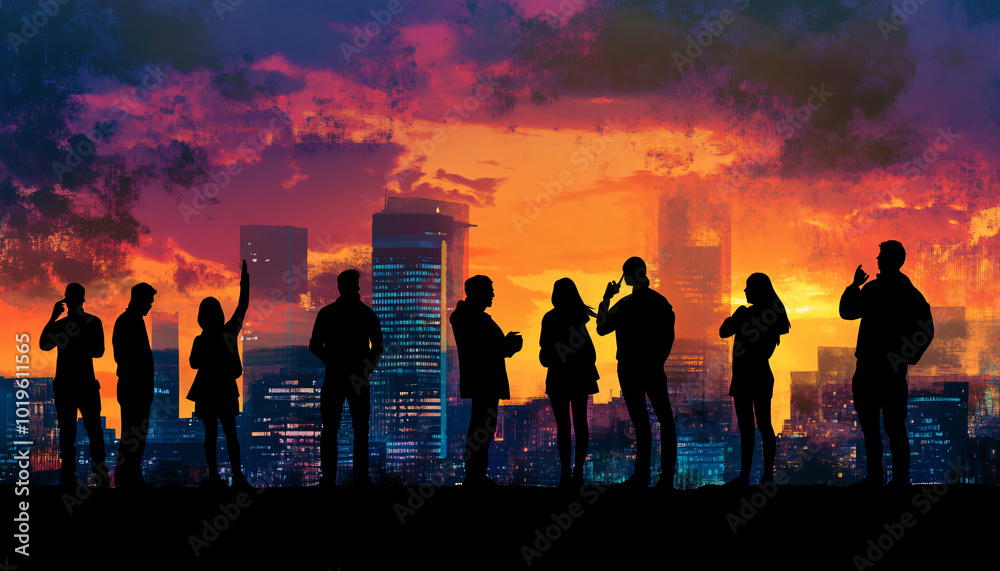 Silhouettes of people in various poses against dramatic sunset or city skylines to tell untold stories through body language Silhouettes of people in various poses against dramatic sunset or city skylines to tell untold stories through body language
