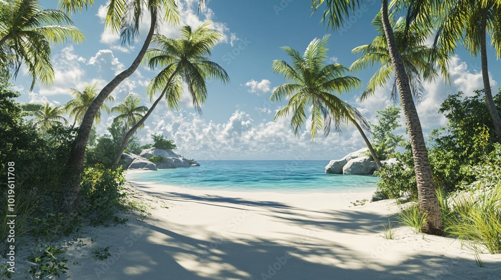 Lush palm trees frame a stunning tropical beach with white sand, turquoise water and a clear blue sky with white clouds. Lush palm trees frame a stunning tropical beach with white sand, turquoise water and a clear blue sky with white clouds.