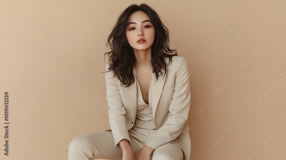 stylish asian woman in pantsuit holding hand in pocket while posing on stool isolated on beige : Generative AI stylish asian woman in pantsuit holding hand in pocket while posing on stool isolated on beige : Generative AI