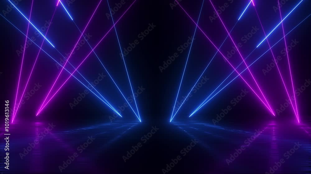 3D render, abstract neon lines on dark background with blue purple laser lights. Loop video