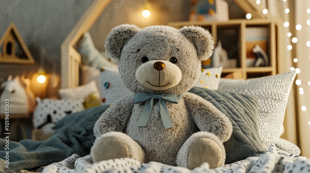 A cozy bedroom scene featuring a cute teddy bear surrounded by decorative pillows and soft blankets, creating a warm and inviting atmosphere. A cozy bedroom scene featuring a cute teddy bear surrounded by decorative pillows and soft blankets, creating a warm and inviting atmosphere.