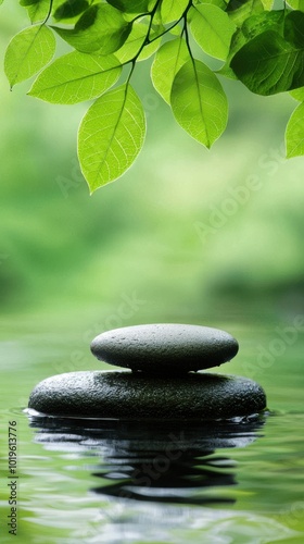 Calm and tranquil scene featuring balanced stones resting on gentle water surrounded by vibrant green leaves.