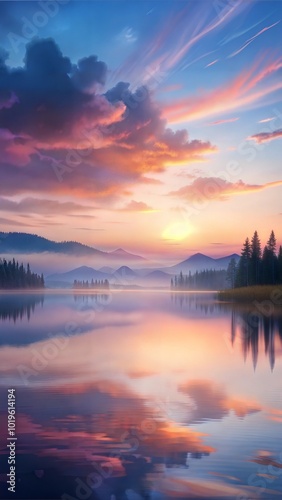 a serene dusk landscape showcasing a calm lake background