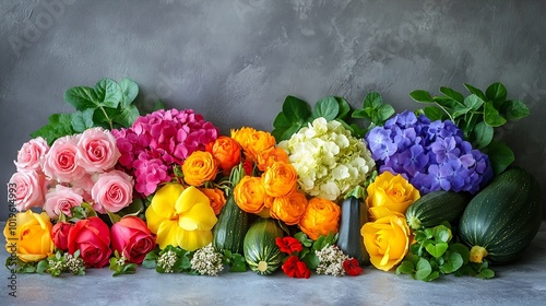 Nutritious edible flowers roses geranium hydrangea zucchini squash nasturtium and plumbago that add flavor texture and color to meals Creative layout flatlay : Generative AI