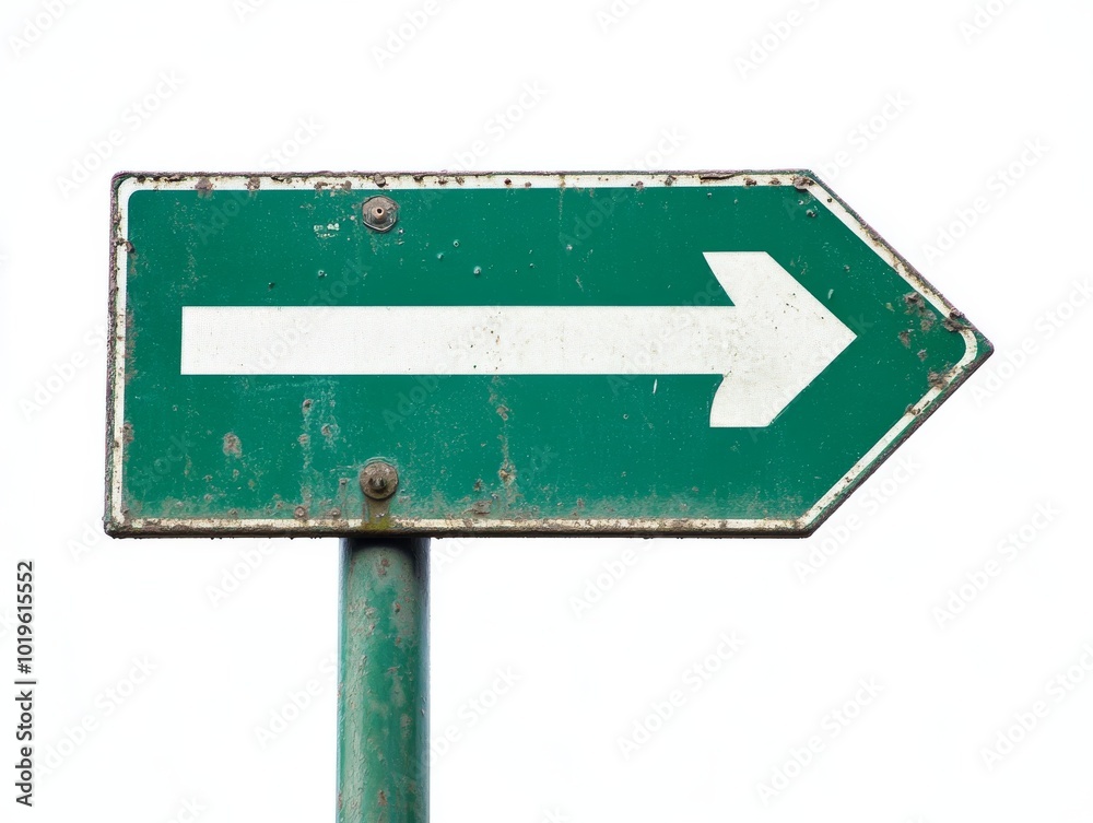 2408 53.A green rectangular direction sign with a thick white border and a left-pointing arrow. The sign is attached to a sturdy pole and is isolated on a bright white background. The arrow is large 2408 53.A green rectangular direction sign with a thick white border and a left-pointing arrow. The sign is attached to a sturdy pole and is isolated on a bright white background. The arrow is large