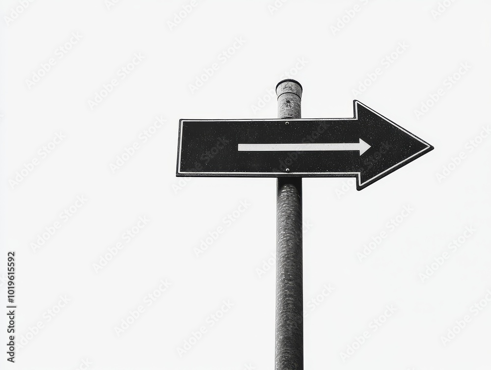A simple, modern direction sign in black and white, featuring a right-pointing arrow and clear text. The sign is mounted on a metal pole and is isolated against a plain white background, making it sta A simple, modern direction sign in black and white, featuring a right-pointing arrow and clear text. The sign is mounted on a metal pole and is isolated against a plain white background, making it sta