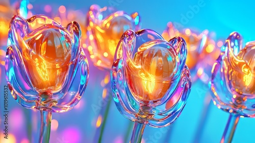 Colorful glass flowers with iridescent petals create vibrant and enchanting atmosphere, showcasing intricate designs and luminous hues