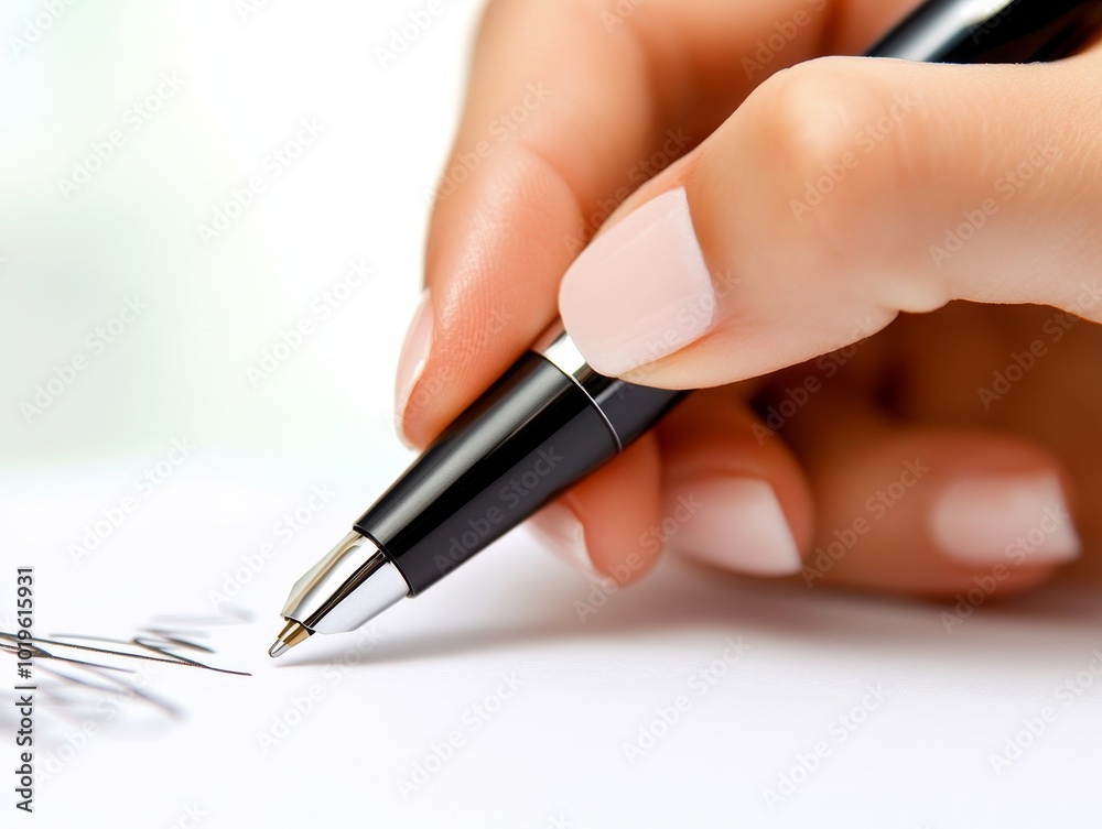 2408 62.A close-up of a female hand holding a sleek black pen, signing a legal contract on a clean white sheet of paper. The hand is mid-motion, as the pen tip touches the document, emphasizing the 2408 62.A close-up of a female hand holding a sleek black pen, signing a legal contract on a clean white sheet of paper. The hand is mid-motion, as the pen tip touches the document, emphasizing the