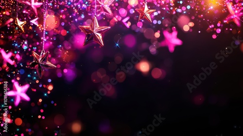 Colorful bokeh lights with star shapes, creating a festive and vibrant atmosphere, ideal for celebrations and events.