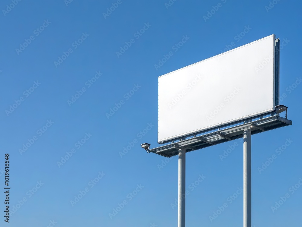 A simple, blank white billboard stretches high into a clear sky, illuminated by natural sunlight. The smooth white surface of the sign contrasts with the deep blue sky, offering an ideal space for com A simple, blank white billboard stretches high into a clear sky, illuminated by natural sunlight. The smooth white surface of the sign contrasts with the deep blue sky, offering an ideal space for com