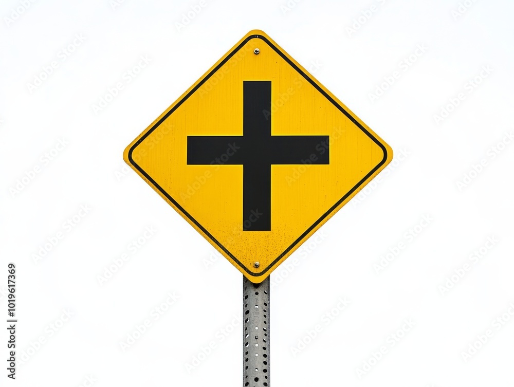 A clean, yellow intersection warning sign, featuring a bold black cross in the center. The sign is mounted on a tall metal pole and isolated against a clear white background, emphasizing its purpose a A clean, yellow intersection warning sign, featuring a bold black cross in the center. The sign is mounted on a tall metal pole and isolated against a clear white background, emphasizing its purpose a