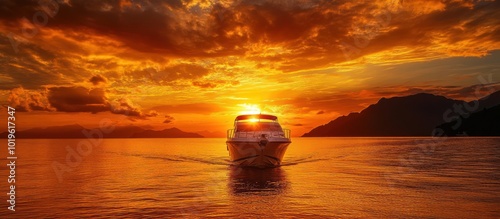 A motorboat cuts through the tranquil water as the sun sets, casting a warm glow over the scene. The dramatic sky is ablaze with vibrant orange and red hues, reflecting on the water's surface.