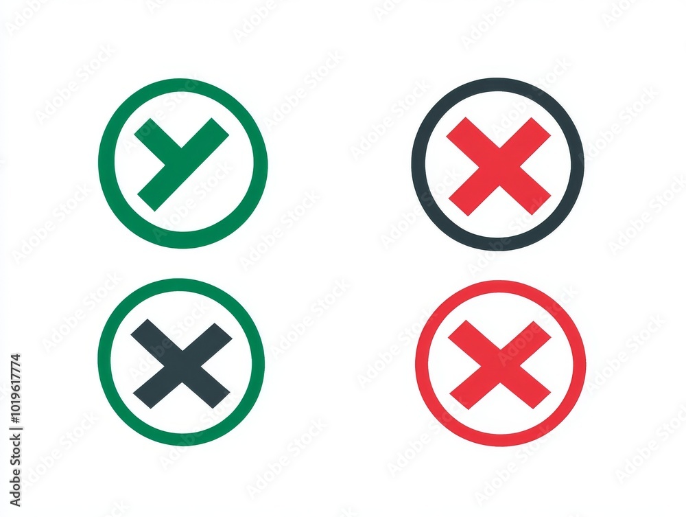 2408 125.A set of four icons in a simple design, two green checks and two red crosses. Each check mark and cross is encased in a contrasting circle, with the green icons symbolizing correctness and 2408 125.A set of four icons in a simple design, two green checks and two red crosses. Each check mark and cross is encased in a contrasting circle, with the green icons symbolizing correctness and