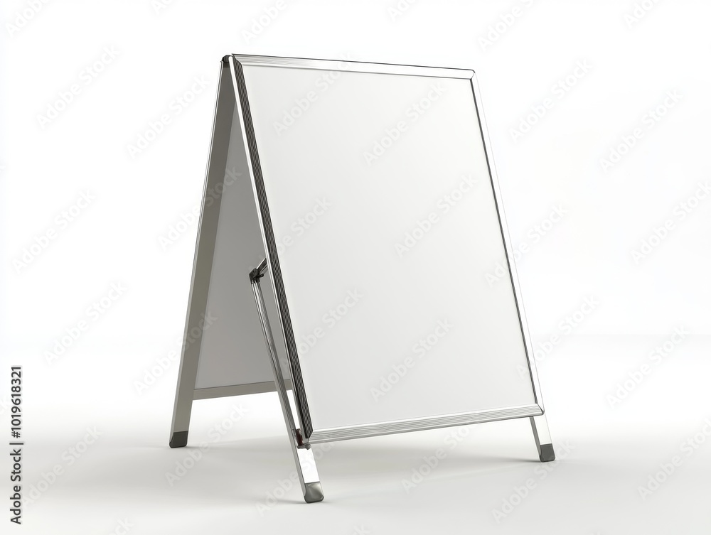 2408 141.A portable advertising stand with a double-sided blank display, the frame made of polished metal. The foldable mechanism is visible at the hinges, and the sign is shown in an open position 2408 141.A portable advertising stand with a double-sided blank display, the frame made of polished metal. The foldable mechanism is visible at the hinges, and the sign is shown in an open position