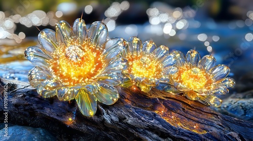 Glowing glass flowers on wooden surface create magical ambiance, reflecting light beautifully. Their intricate design and vibrant colors enhance serene atmosphere