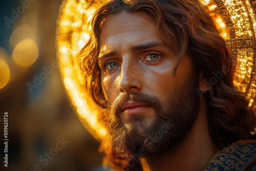 serene portrait of jesus christ compassionate expression surrounded by a soft golden aura symbolizing hope and spiritual guidance gentle light enhancing the peaceful atmosphere