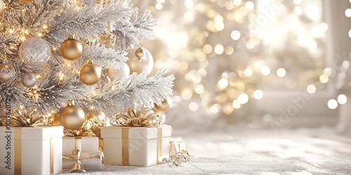 Beautifully wrapped gold and white presents beneath a decorated Christmas tree with glowing ornaments and soft bokeh lights, creating a warm and festive atmosphere photo