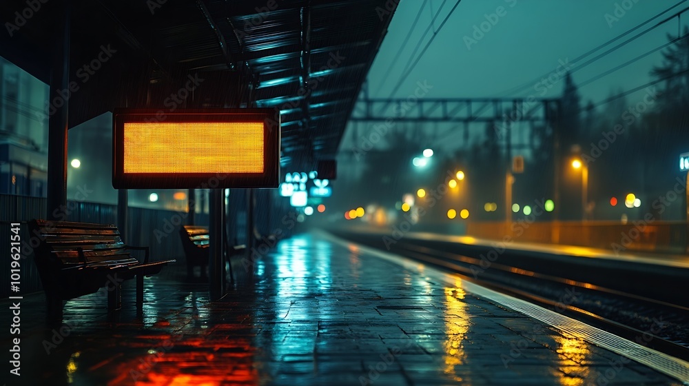 Billboard on the passenger platform of a railway station at nightMockup : Generative AI Billboard on the passenger platform of a railway station at nightMockup : Generative AI