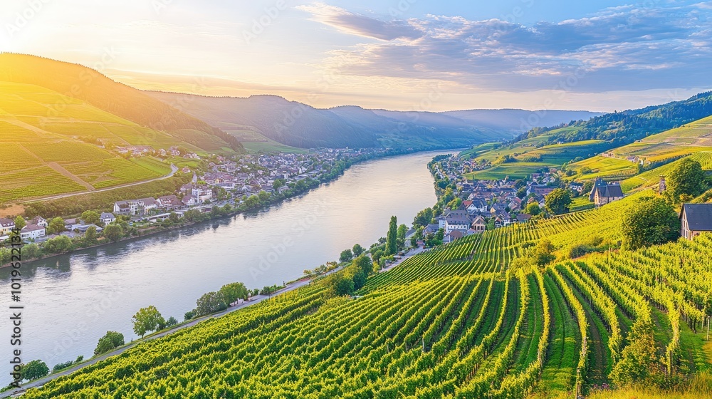 Serene Vineyard Landscape at Sunrise by River Serene Vineyard Landscape at Sunrise by River