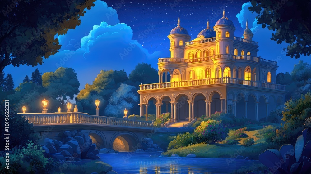 Naklejka premium A grand, illuminated manor with a stone bridge and river at night.