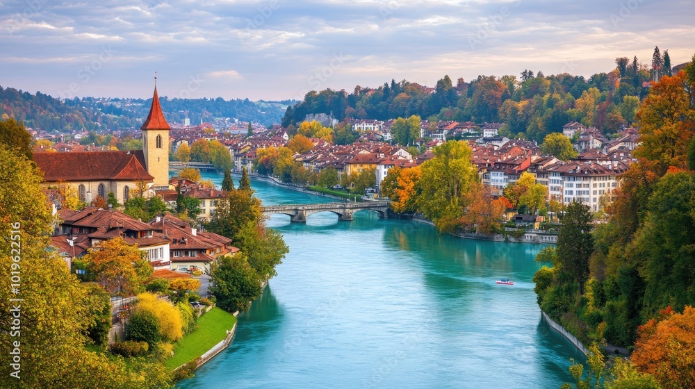 Obraz premium Scenic View of a River in an Autumn Landscape