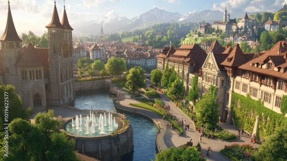 Naklejka premium Scenic View of Mountain Town with Fountain and Architecture