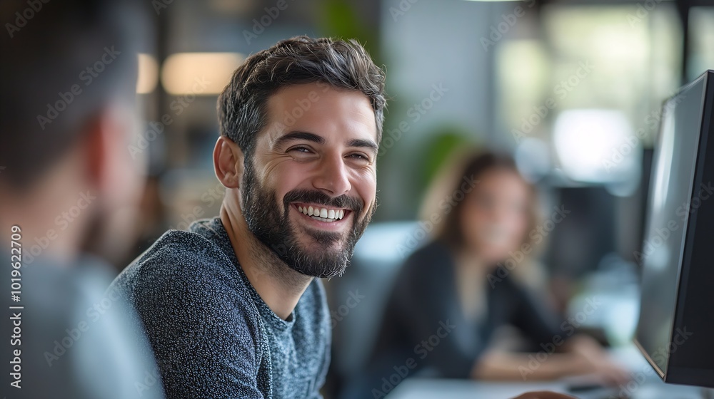 Smiling male business colleagues discussing over computer at desk in office : Generative AI Smiling male business colleagues discussing over computer at desk in office : Generative AI