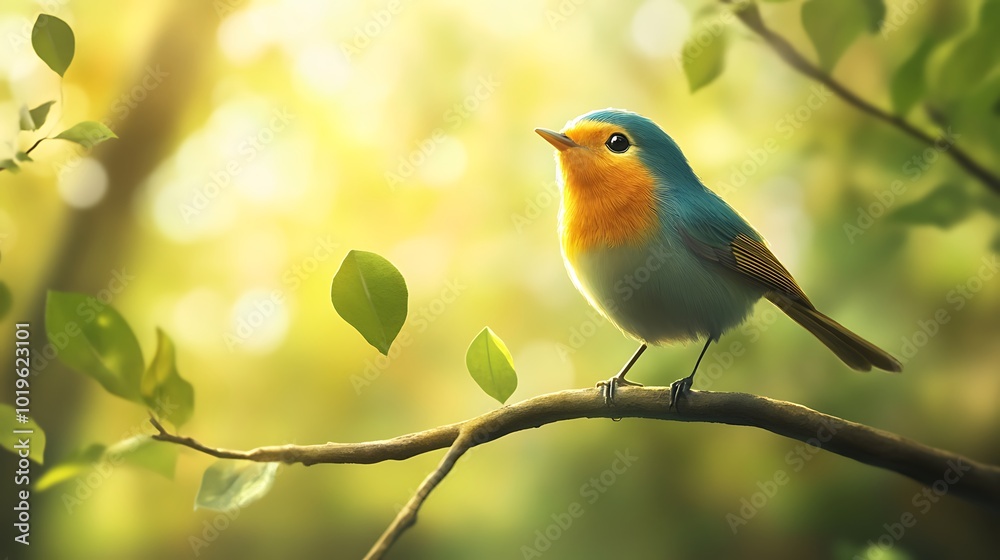 A small blue and orange bird perched on a branch in a sunny forest, surrounded by green leaves and sunlight.