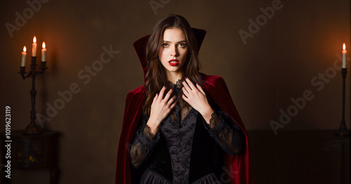 A mysterious woman dressed as a vampire, wearing a black lace gown and a red velvet cloak, stands in a dimly lit room with candelabras, her hands elegantly resting near her collar. Generative AI photo