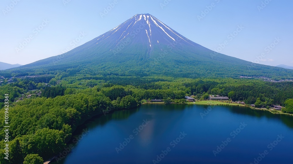 Fototapeta premium Majestic Mountain with Clear Blue Lake and Green Forest