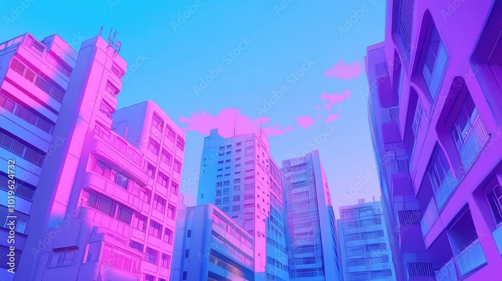 Neon-lit apartment buildings in a city skyline Neon-lit apartment buildings in a city skyline