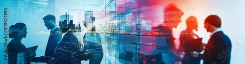 Modern business and city architecture photo abstract double exposure collage of various professional business people in an urban city scene for banner. Generative AI