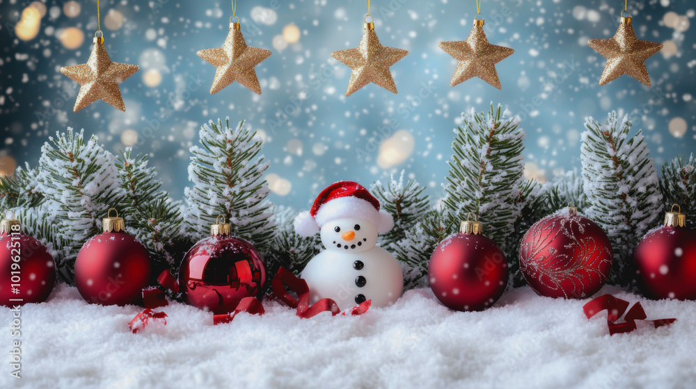 Whimsical winter holiday scene with trees, snowman, ornaments, and gifts Whimsical winter holiday scene with trees, snowman, ornaments, and gifts