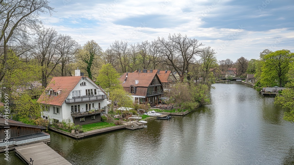 Peaceful Riverbank Homes Under Cloudy Sky Peaceful Riverbank Homes Under Cloudy Sky