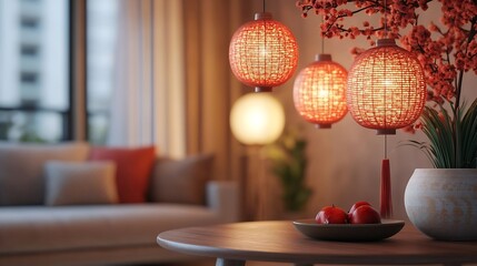 Blurred view of modern living room with sofa table and decor for Chinese New Year celebration : Generative AI
