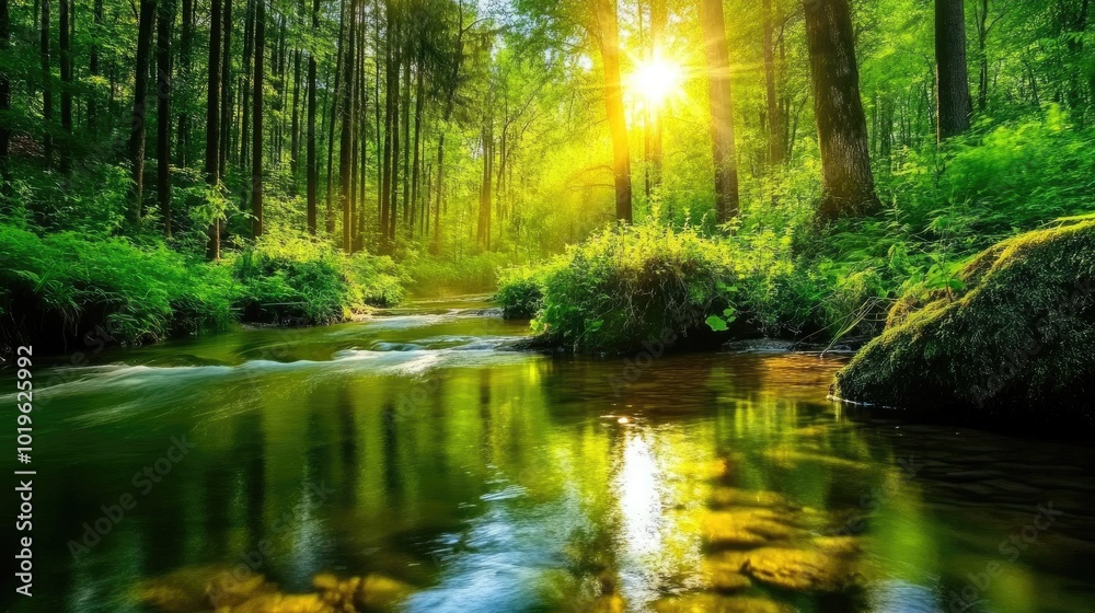 Serene Forest Stream with Sunlight Through Trees