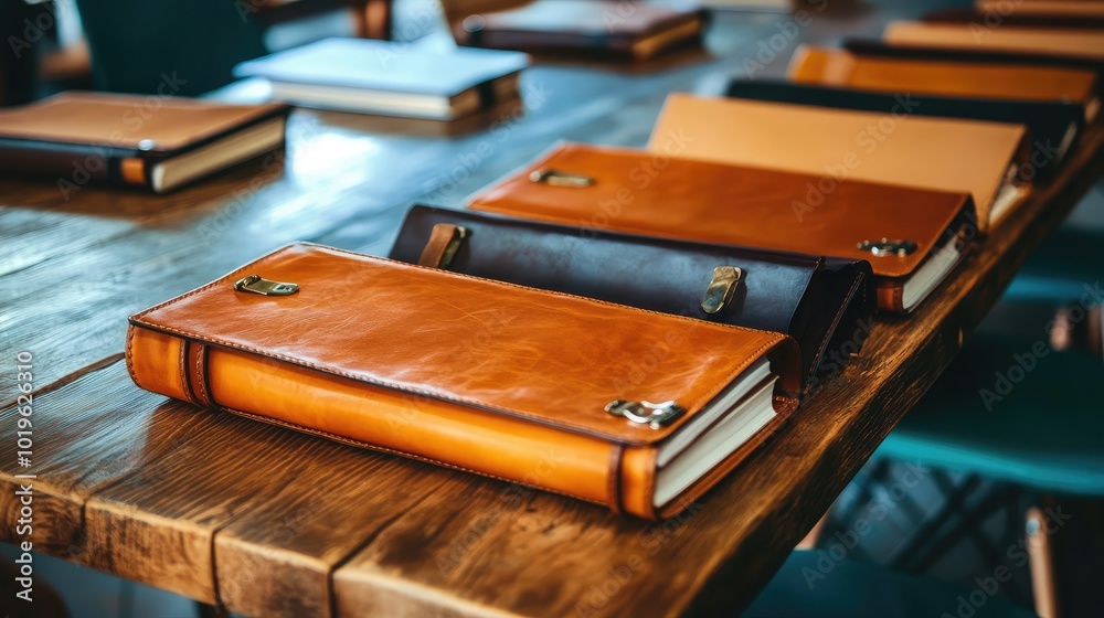 Stylish Leather Notebooks on Wooden Table