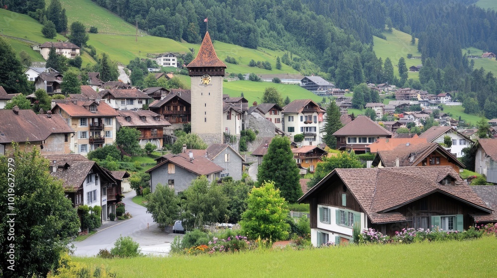Scenic Swiss Village with Historic Clock Tower Scenic Swiss Village with Historic Clock Tower