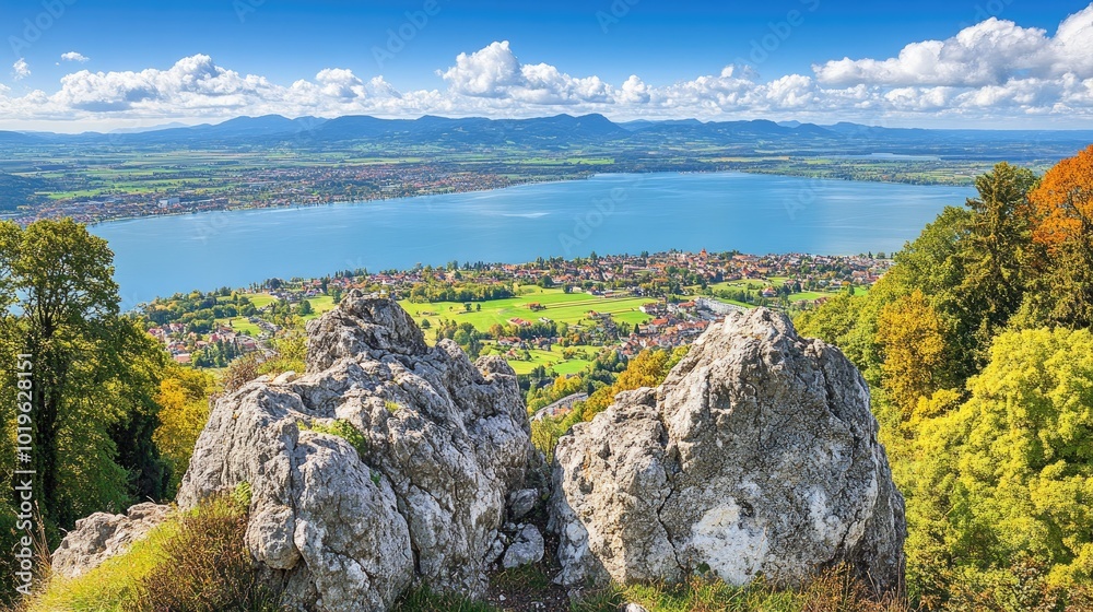 Scenic View of Lake from Mountain Peak with Rocks Scenic View of Lake from Mountain Peak with Rocks